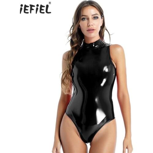 Women Sleeveless Bodysuit Underwear Wet Look Shiny Patent Leather Catsuit Zipper Mock Neck One-piece Swimsuit Swimwear Jumpsuit