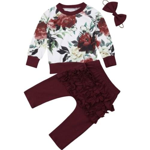 Toddler Newborn Baby Girl Long Sleeve Flower Tops Ruffle Pants Leggings with Headband 3PCS Outfits Clothes