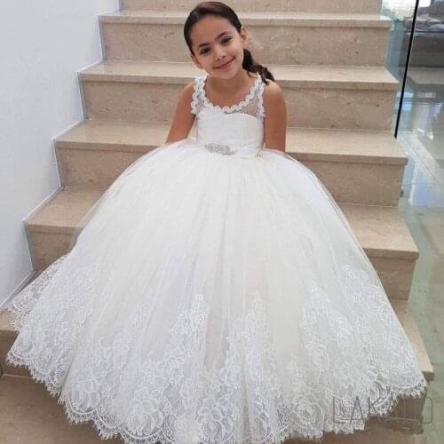 Pretty Straps Ball Gown Flower Girl Dresses For Wedding Puffy Tulle Keyhole Back Kids Birthday Party Gowns