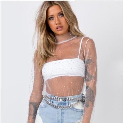 White Lace Perspective Mesh Top Women Sequin Long Sleeve Black Female T-Shirt Shiny Women Tops beach ropa mujer haut femme