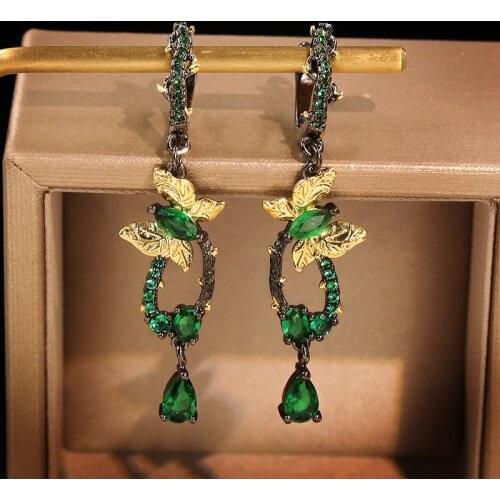 CIZEVA Bohemia Jewelry Delicate Elegant Butterfly Emerald Drop Earrings for Women Retro 925 Sterling Silver Dangle Earrings