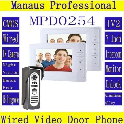 D254b Hot Sale 7 Inch Display Screen 1V2 Video Door Phone Doorbell Intercom Kit 1 camera&2 monitors Night Vision Video Intercom