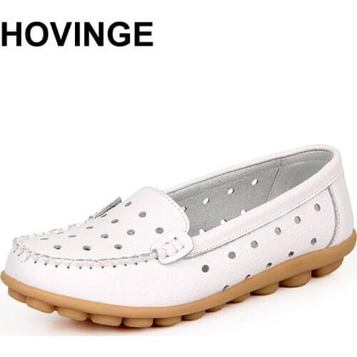 HOVINGE New Summer plus size Women cutouts Genuine Leather Mom shoes Comfortable Sewing Buckle Flats Nurse Casual ballet flats