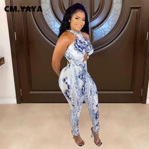 CM.YAYA Serpentine Halter Neck Sleeveless Twist Jumpsuit Sexy Beach Club Party Rompers Bodycon Elastic One Piece Overalls Summer