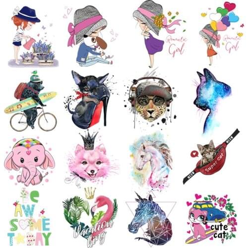 Nicediy Cute Cartoon Girl Animal Patches Iron On Transfer For Clothes Stripe Heat Transfer Vinyl Stickers Thermal transfers DIY
