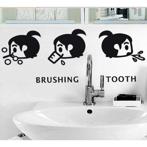 Cartoon Little girl brushing tooth Wall Sticker Home bathroom Washbasin decoration Mural Art Decals cute kids stickers wallpaper