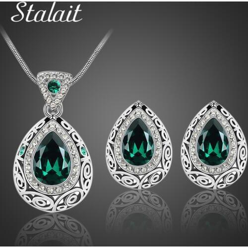 Bridal Wedding Jewelry Sets Classic Indian Antique Silver Color Water Drop Crystal Rhinestone Earrings Necklaces jewelery Set