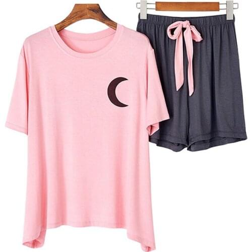 Highly recommended! Summer pajamas womens new contrast color Internet celebrity modal printed pajamas round neck homewear suit