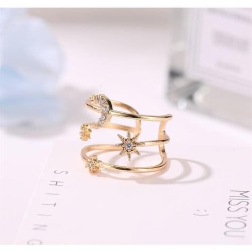 Cute Female Star Moon Big Ring Charm Gold Color Adjustable Engagement Ring Classic White Crystal Stone Wedding Rings For Women