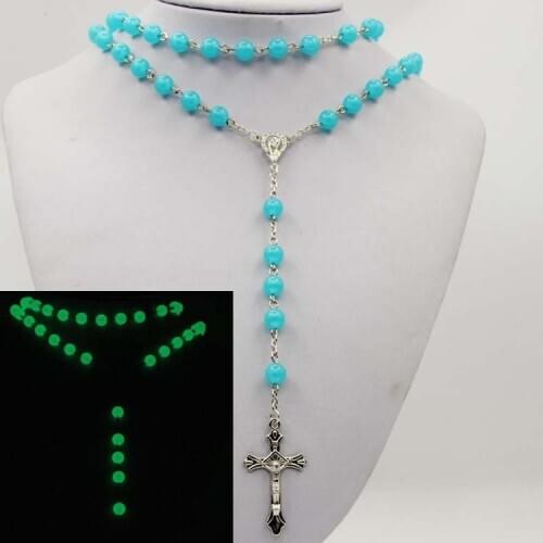 Wholesale cheapest Cathlic Religious Prayer beads Rosario Acrylic Rosary Colorfull Necklace Luminous rosary blue Free shipping