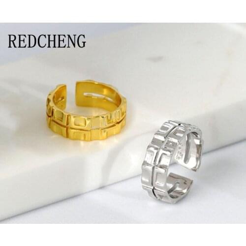 REDCHENG 925 Sterling Silver Double Layer Gear Opening Rings for Women Fashion Chic Smooth Irregular Pattern Party Jewelry Gifts