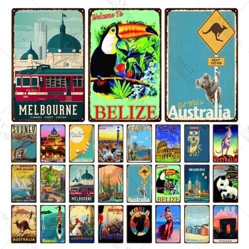 Retro City Animals Landscape Metal Plate Iron Tin Sign Poster Australia Kangaroo China Panda Wall Art Home Decor Bar Metal Sign