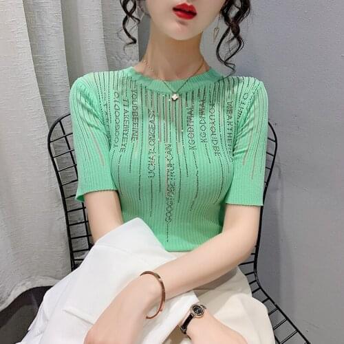Chic Summer Korean Clothes Knit T-Shirt Fashion Sexy Shiny Diamonds Letter Women Tops Short Sleeve Elastic Slim Tees 2021 New