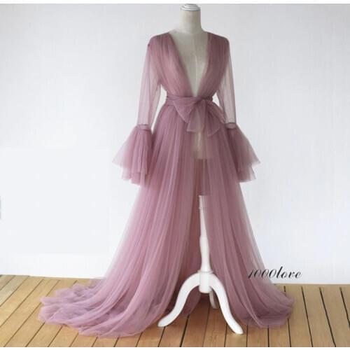 Taro Purple Maternity Dress for Photoshoot Ruffled Long Sleeve Pajamas Party Nightgowns Wedding Sleepwear Bathrobes Dress Kimono