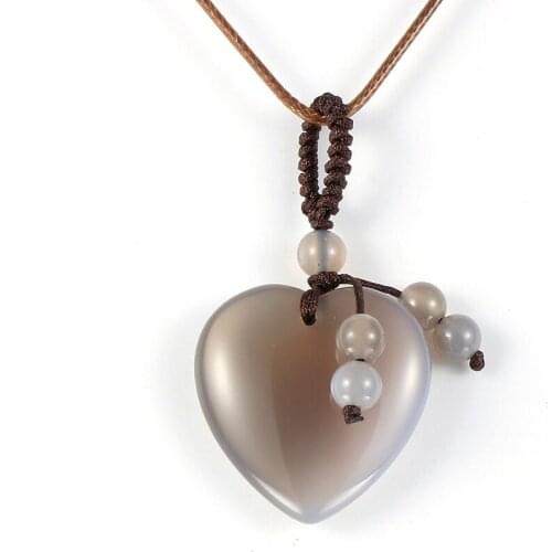 2020 Trendy Women Girls Love Heart Statement Pendant Necklace Natural Grey Onyx Opal Tiger Eye Stone Beads Rope Chain Jewelry