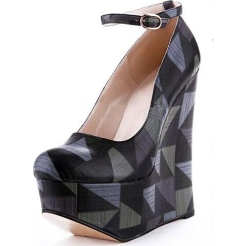 Women shoes 2019 high heels multi color leather fabric, 14. 5 cm wedge heel shoes,round toe pumps. SIZE:34-45