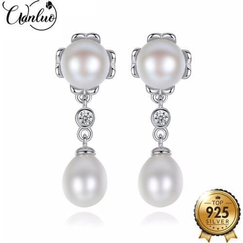 WL 100% Genuine Double Pearls Long Stud Earrings Romantic Jewelry for Women Engagement Gifts 925 Sterling Silver Wedding Earring