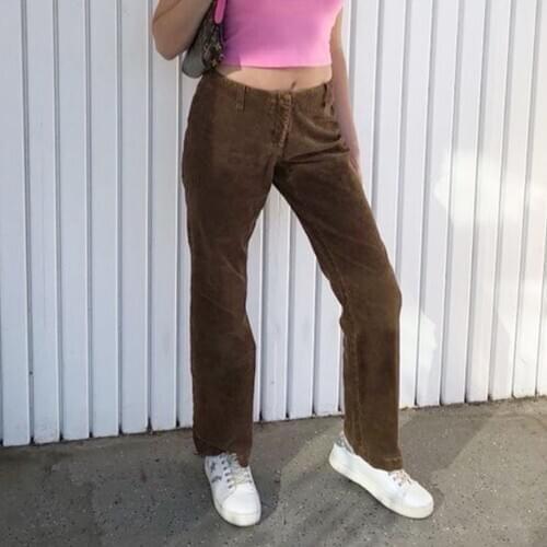 High Waist Corduroy Pants Womens Casual Solid Brown Pants Loose Long Trousers Streetwear Straight Pants Women