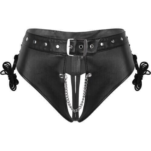 Women PU Leather Sex Nightclub Costume Crotchless Briefs Lingerie Underwear Punk Lace-up Underpants Stage Performance Costume
