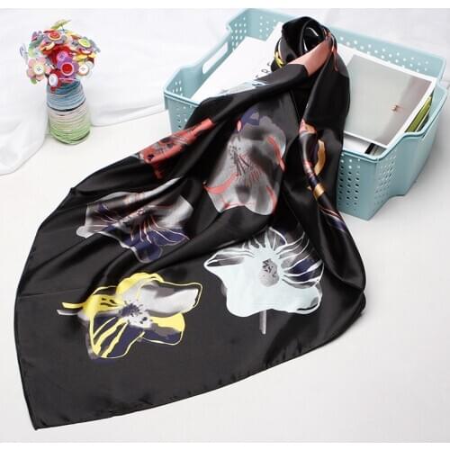 Women Neck Scarf Silk Satin Kerchief Square Shawls and Wraps Fashion Print Hijab Scarfs Female 90*90cm Black Scarves For Ladies