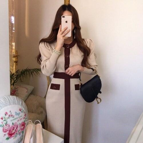 New 2021 Fall Winter French Elegant Contrast Single-Breasted Stitching Knitted Sweater Top + Knitted Skirt Two-Piece Suit Female