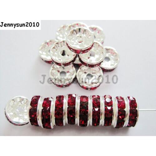 200pcs/lot 7mm Top Quality Czech Crystal Siam Rhinestone Pave Rondelle Metal Silver Plated Spacer Loose Beads Jewelry Making