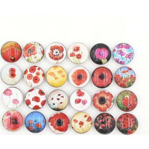 24pcs DIY Interchangeable 18mm Snap Jewelry DIY Cabochon Printed Poppy Flower Button for Snap Necklaces Ring Bracelet women