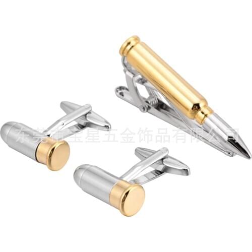 5sets/lot Bullet Cufflinks Tie Clip Set Copper Plating Army Bullet Cuff Link&Tie Pin Bar Set Mens Jewelry Accessory Wholesale