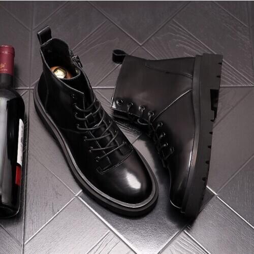 ERRFC Fall Winter Mens Black Ankle Boots Fashion Round Toe Lace Up PU Leather Patch Office Career Leisure Shoes Male Size 38-43