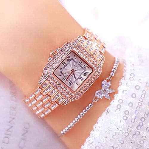New BS Roman Number Ladies Wrist Watches Womens Watches Luxury Brand Womens Square Rose Gold Rhinestone Watch Reloj Mujer 2021