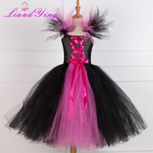 Black Evil Girl Tutu Dress Maleficent Queen Dress Handmade Cosplay Halloween Costume For Kids Girls Dresses