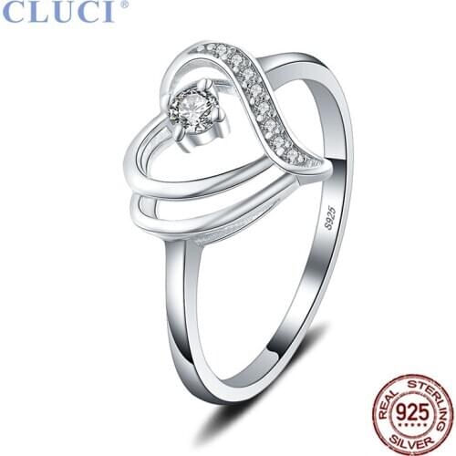 CLUCI 925 Sterling Silver Love Heart Wedding Ring for Women Valentine Gift Real Silver 925 Zircon Heart Ring Jewelry DR1056SB