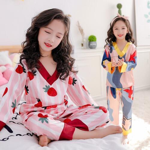 Kids Pyjamas Print Girls Sleepwear Ice Silk V-neck Children Pajamas Set 2020 Spring Kids Outfits Homewear 10 12 Y Pijamas kids