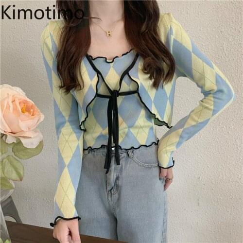 Kimotimo Argyle Cardigan Crop Top Women Korean Autumn Fungus Design Full Sleeves All-match Sweater with Knit Vest Two Piece Sets