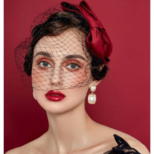 2 Pcs Red Bow-knot Black Hair Veil Hairpin Banquet Wedding Hair Accessories Party Ornaments For Girls Party Face Veils