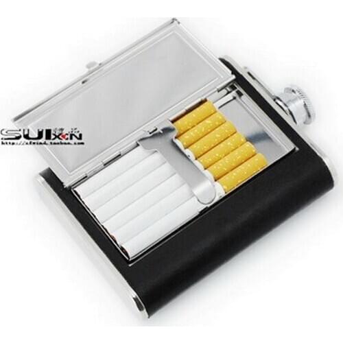 Multi-functional 6 Ounce 304 Stainless Steel Wine Mini-Bottle with 6 Cigarettes Box Creative Outdoor Carry Pot