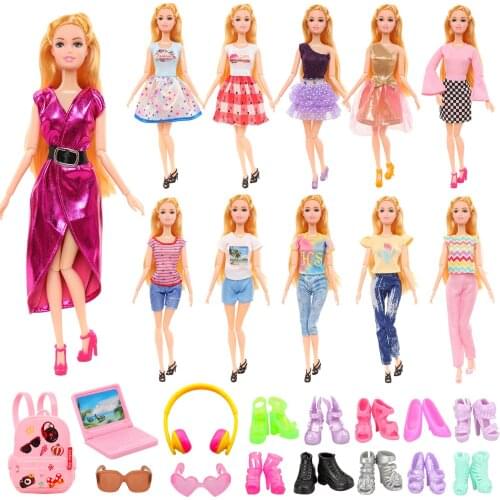 Fashion Doll Accessories Clothes 25 items =5 dress +5 Coat Pants +10 Shoes + Miniature Laptop Bag Glasses for Barbie Kids Toys