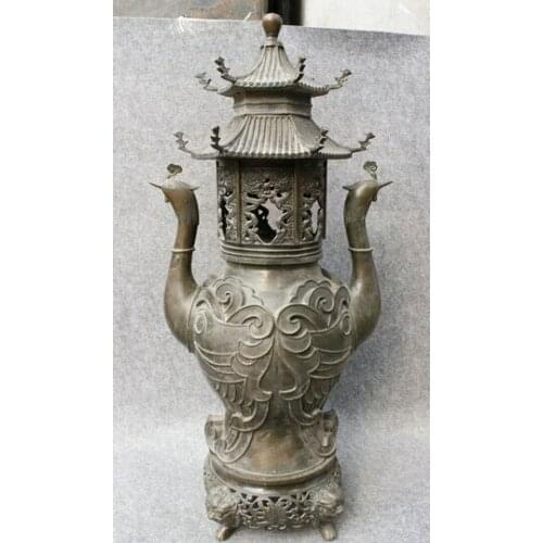 Wholesale factory 31" Tibet Purple Bronze Temple Dragon Phoenix Statue Stupa Incense Burner Censer 25% off