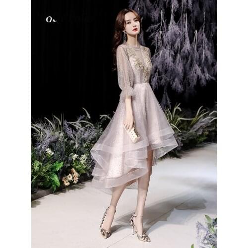 High Low Prom Dresses With Sleeves Elegant O-neck Appluqies Tiered Tulle Short Front Long Back Girls Homecoming Dresses 2021