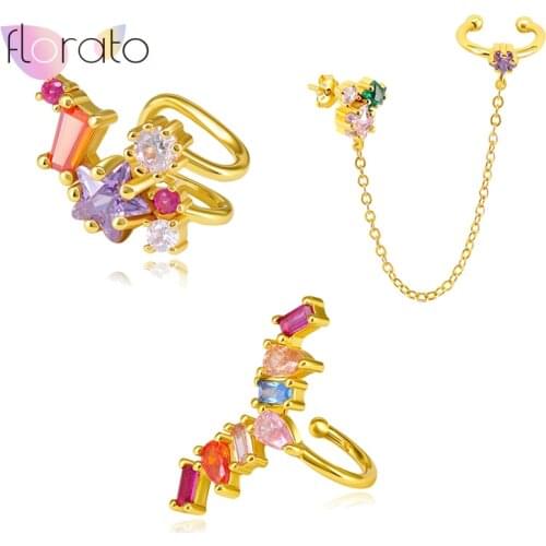 Plated 24K Gold Rainbow Crystal Star Geometry Clip Earrings for Women Girl No Piercing Earrings Cuffs Jewelry