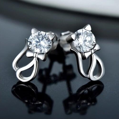 Huitan Lovely Cat Stud Earrings Inlaid Round Cubic Zirconia Cute Girls Accessories Fancy Gift for Teens Women Fashion Jewelry