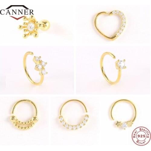 CANNER 100% Real 925 Sterling Silver Pendients Zircon Pierced Cartilage Stud Earrings for Women Small Piercing Earring Jewelry