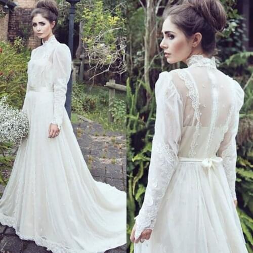 New Country Bohemian Wedding Dress High Neck Hippie Duchess Illusion Lace Long Sleeve Bridal Gowns Princess Birthday Dress