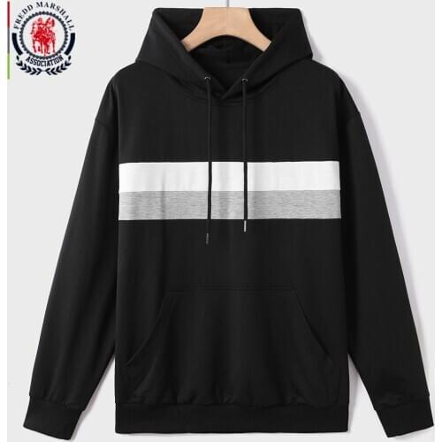 FREDD MARSHALL 2020 Autumn Mens Casual Hoodies Long Sleeve Striped Hooded Sweatshirt Man Pocket Drawstring Pullover Hoodie 1237