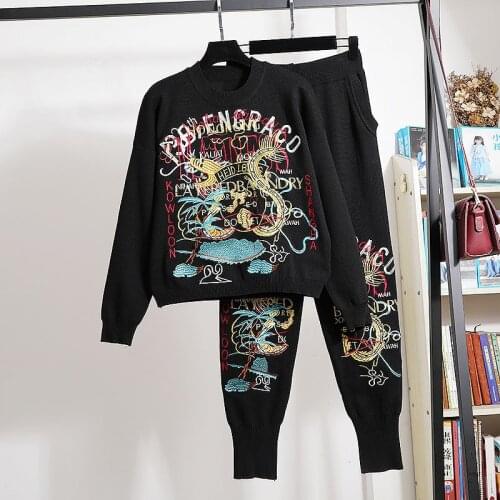 Streetwear Fashion Black Knitted Tracksuit Two Piece Outfits Women 2pc Loose Casual Embroidery Cartoons Sweater Pants Set Female