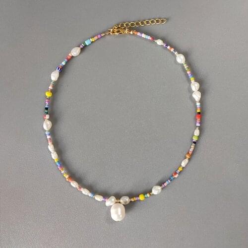 Women Summer Bohemian Neck Accessories Natural Pearl Pendant Necklace Handmade Colorful Beads Choker Rainbow Sieraden colgante