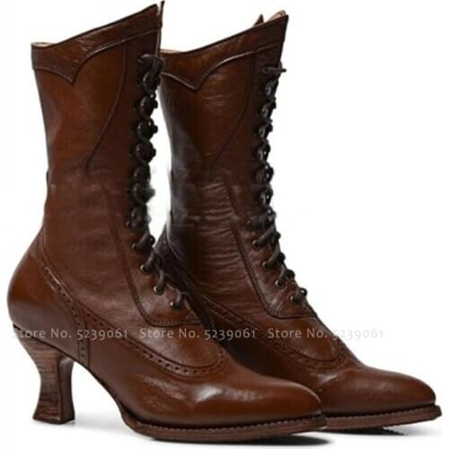 Halloween British Style Punk Noble Women Retro Knight Boot Medieval PU Leather Ankle Boots Fashion Lady Cosplay High Heel Shoes