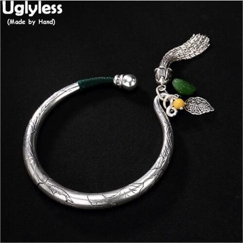 Uglyless 100% Real Solid 999 Full Silver Chains Tassel Bangles for Women Nature Jade Lotus Charm Open Bangle Ethnic Fine Jewelry