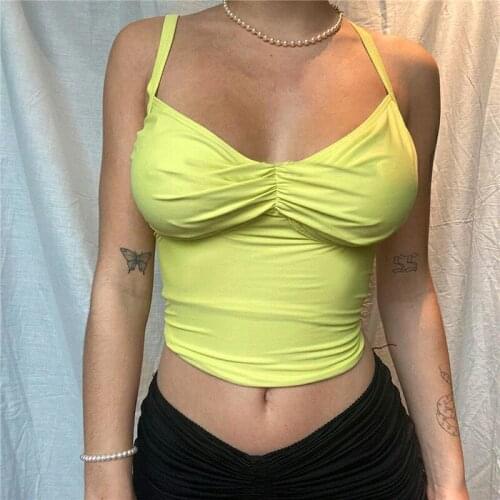 Y2k womens top Fashion Solid Color Camisole Sexy Pleated V-neck Exposed Navel Suspender Tops