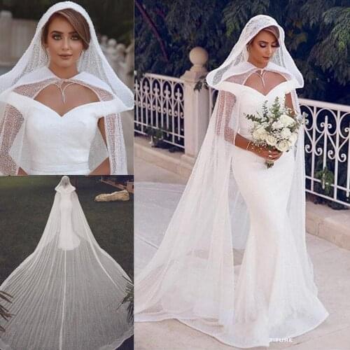 Graceful Lace Mermaid Wedding Dresses with Long Hooded Cape Off the Shoulder Beach Wedding Gowns 2020 Arabia vestido de novia
